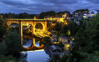 Картинка мост, Knaresborough, здания, North Yorkshire, England, отражение, ночной город, Нерсборо, Северный Йоркшир, Англия, дома, Knaresborough Viaduct, River Nidd, река, виадук