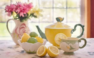 Картинка цветы, стол, чай, окно, ваза, лимоны, чайник, миска, чашка