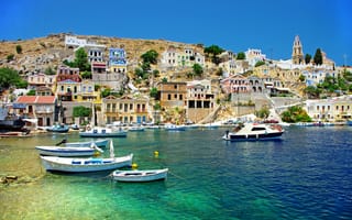 Картинка Greece, море, Греция, дома, побережье, лодки