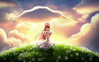 Обои арт, девочка, радость, холм, цветы, облака, луг, трава, одуванчики