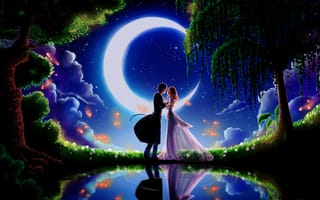 Картинка арт, светлячки, парень, облака, деревья, девушка, одуванчики, пара, озеро, свидание, цветы, луна, месяц, ночь, двое, любовь