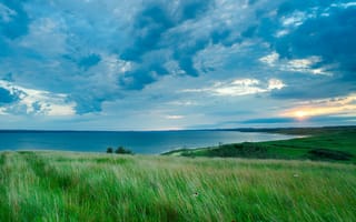 Картинка поле, солнце, закат, Lake Sakakawea, озеро
