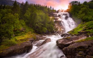 Обои водопад, Norway, река, деревья, Норвегия