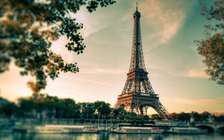 Картинка париж, город, река, эйфелева, башня, закат