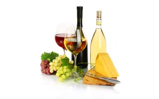 Картинка бутылки, вино, виноград, сыр, красное, белое, бокалы