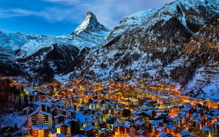 Картинка Швейцария, Альпы, Церматт, огни, снег, зима, горы, вечер, деревня
