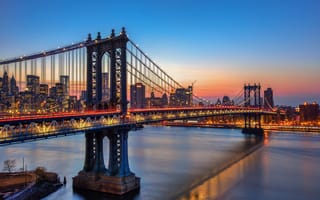 Картинка отражение, зеркало, Соединенные Штаты, закат, огни, Нью-Йорк, Манхэттенский мост, небо