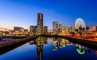 Картинка Йокогама, горизонт, канал, отражение, зеркало, голубое небо, Япония, колесо обозрения