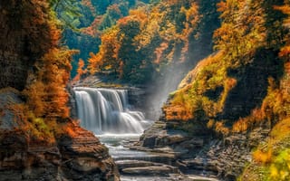 Картинка водопад, скалы, пороги, каскад, лес, камни, поток, осень, деревья