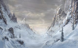 Картинка арт, скалы, снег, ель, горы, деревья, зима, лес, пейзаж, природа, Fel-X