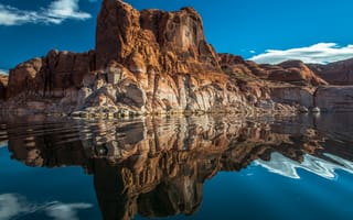 Картинка штат Юта, песчаник холмы, отражение, озеро Пауэлл, небо, зеркало, Соединенные Штаты, облака