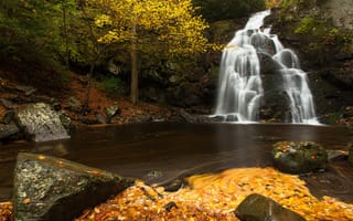 Картинка водопад, Теннесси, осень, листья, Great Smoky Mountains National Park, Tennessee, каскад, река, камни, Spruce Flats Falls