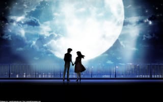 Картинка takahashi rumiko, maison ikkoku, девушка, парень, город, луна, ночь, пара