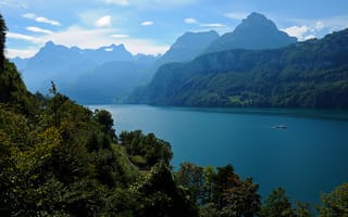 Обои корабль, озеро, облака, горы, швейцария, небо, природа