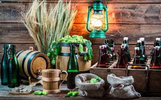 Картинка wheat, хмель, алкоголь, пшеница, beer, фонарь, hops, бутылки