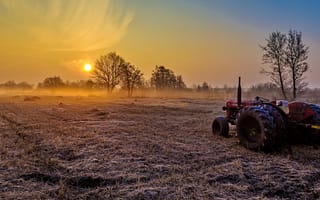 Картинка туман, трактор, утро, свет, поле