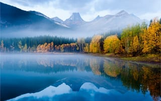Картинка горное озеро, лес, отражение, гладь, осень, природа, вершины