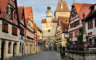 Картинка часы, дорога, Германия, улица, дома, башня, Rothenburg, арка