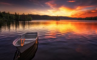 Обои озеро, закат, лодка