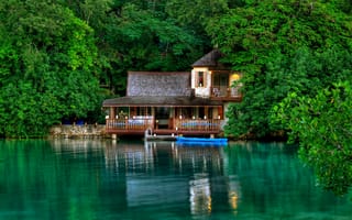 Картинка Ямайка, листья, отражение, зелень, отдых, Jamaica, деревья, дом, остров, вода