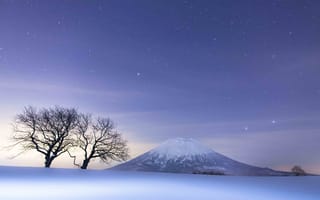 Картинка Nature, sky, night, trees, winter, snow, mountains, landscape