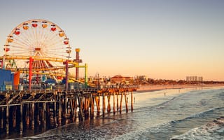 Картинка Санта-Моника Пьер, волны, колесо обозрения, пляж, небо, Лос-Анджелес, люди, Калифорния, закат, Соединенные Штаты