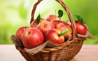 Обои яблоки, стол, корзина, фрукты, красные