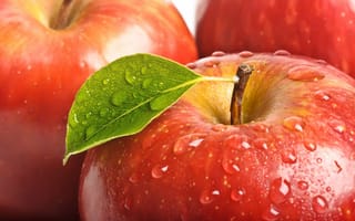 Картинка яблоко, красное, капли, листок, макро, фрукты