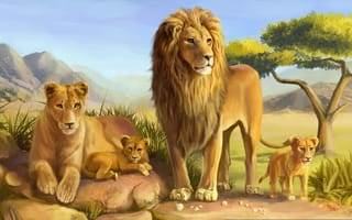 Картинка арт, хищники, лев, дерево, дикие, кошки, камни, саванна, львы, львица, львенок, детеныш, семья