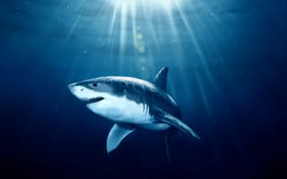 Картинка арт, море, солнечный свет, рыба, акула, под водой