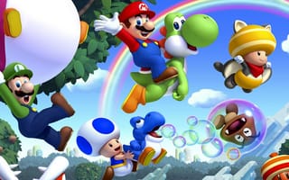 Картинка Super Mario Bros, листья, Nintendo, радуга, деревья, Luigi, Луиджи, Wii U, Mario, бульбашки, Марио, грибы