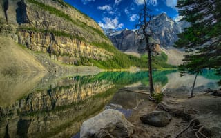 Картинка озеро, Канада, горы, камни, деревья, отражение