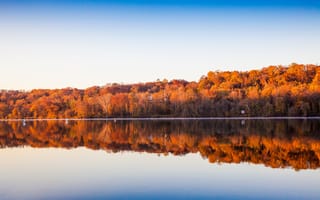 Обои озеро, небо, зеркало, берег озера, отражение, деревья