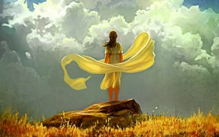 Картинка арт, камень, облака, небо, трава, ветер, девушка, осень, желтая, ткань