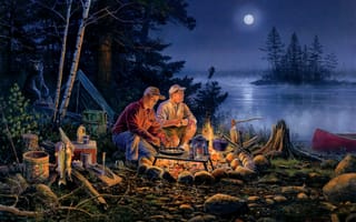Картинка Scott Zoellick, ужин, костер, озеро, река, луна, вода, медведь, рыбалка, Guess Whos Coming to Dinner, лес, палатка, ситуации, незванный гость, ночь