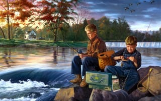 Картинка Charles Freitag, мальчики, живопись, ранняя осень, река, рыбалка, друзья, стая уток, Fishing Buddies, камни