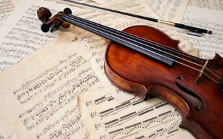 Обои скрипка, листы, музыкальный инструмент, смычок, ноты