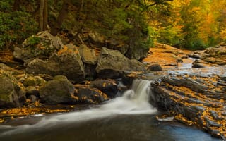 Картинка Пенсильвания, Pennsylvania, Государственный парк Огайопайл, водопад, каскад, осень, Ohiopyle State Park, камни, Meadow Run Waterslides, лес