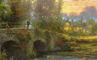 Картинка Thomas Kinkade, река, рыбак, искусство, дома, живопись, Cobblestone Evening, мост, вечер