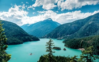 Картинка Ross Lake, Washington, США, озеро, лес, облака, скалы, деревья, горы, небо
