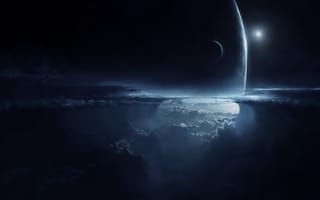 Картинка арт, высота, небо, спутник, атмосфера, ночь, облака, планета