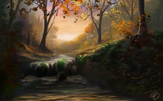 Картинка арт, река, лес, листья, водопад, природа, деревья, поток, осень