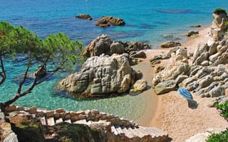 Картинка песок, море, ступени, Испания, Коста Брава, камни, пляж