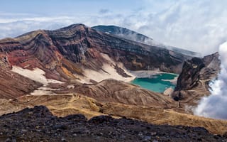 Картинка горы, природа, пара, озеро, Россия, Камчатка, туристы, вершины