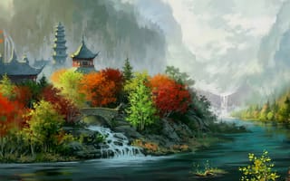 Картинка рисованый, озеро, речка, осень, дома, Фантастический, мир