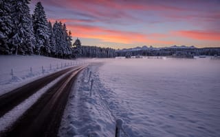 Обои дорога, снег, закат