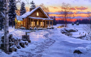 Картинка Darrell Bush, хижина, топор, костер, огонь, береза, вечер, живопись, ель, Winter Bliss, зима, дрова, дом, снег, нега