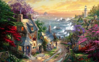 Картинка Thomas Kinkade, маяк, дома, лужи, коттеджи, дорога, море, живопись, деревня, The Village Lighthouse