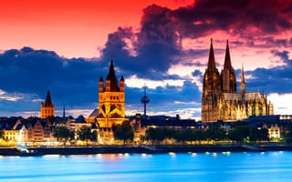 Картинка готика, Германия, Кёльнский собор, архитектура, небо, закат, вечер, панорама, облака, Kölner Dom, город, старинный