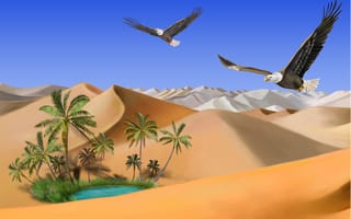 Картинка Пустыня, полёт, озеро, оазис, пальмы, орлов, песок